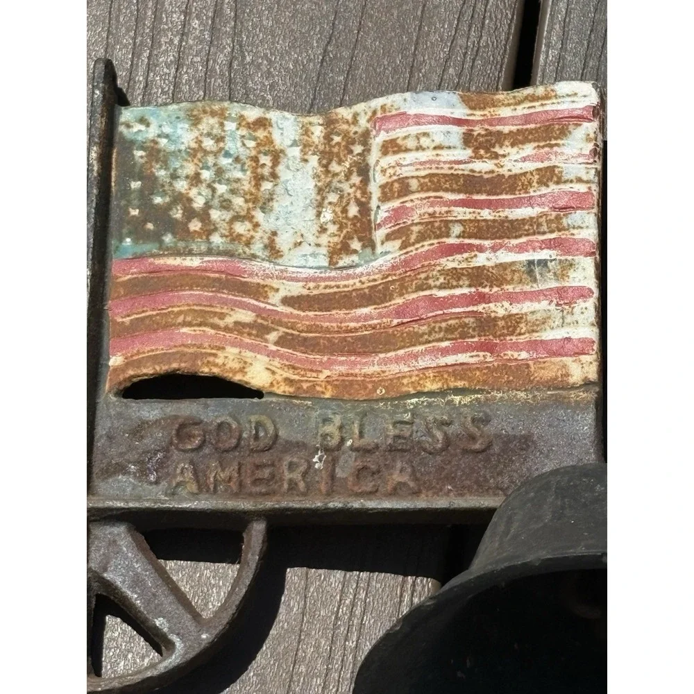 Vintage God Bless America Flag Wall Mounted Hanging Bell Sign Cast Iron
